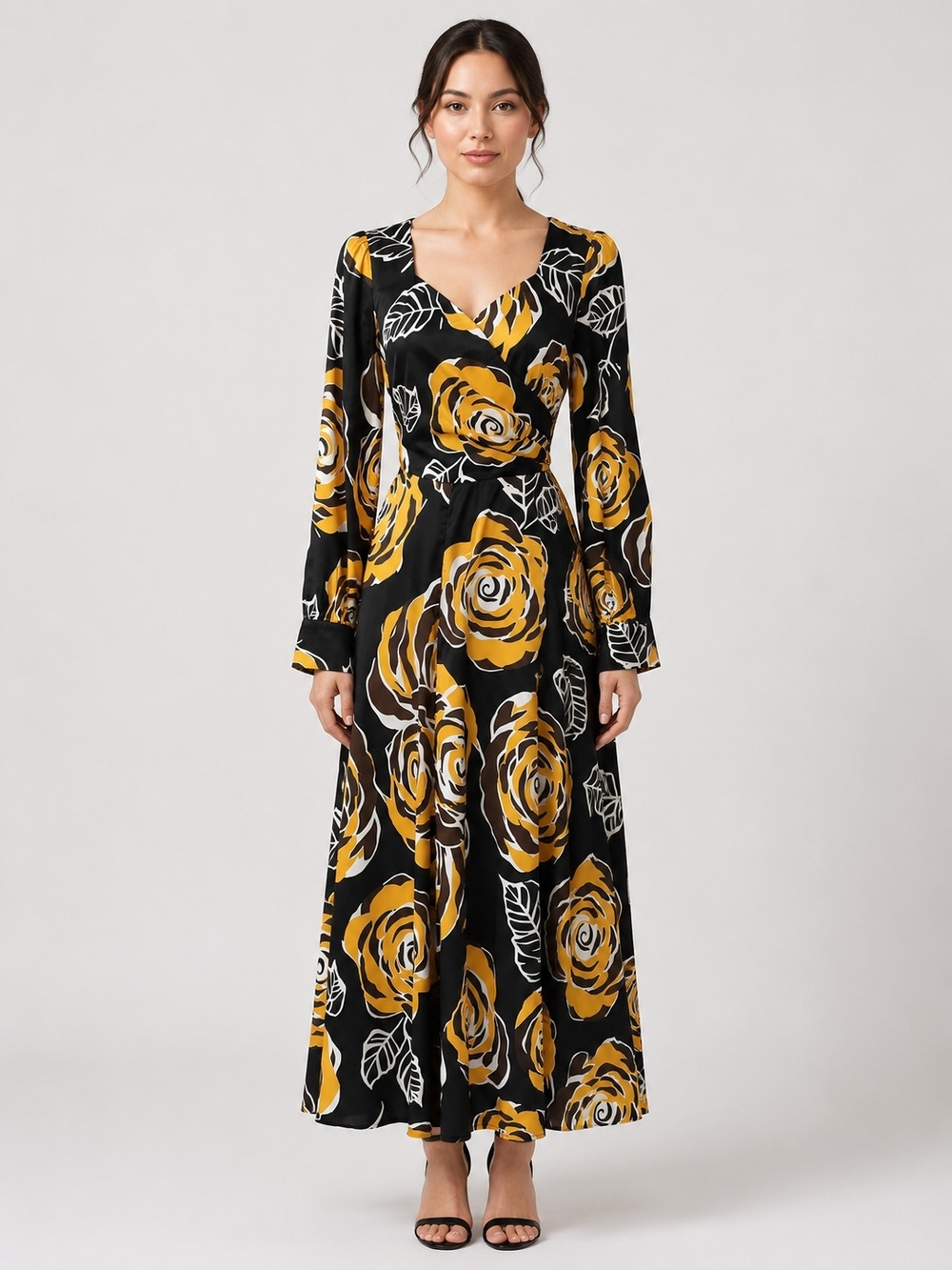 Boutique NWOT Black & Mustard Floral Long Sleeve Maxi Dress Sz M